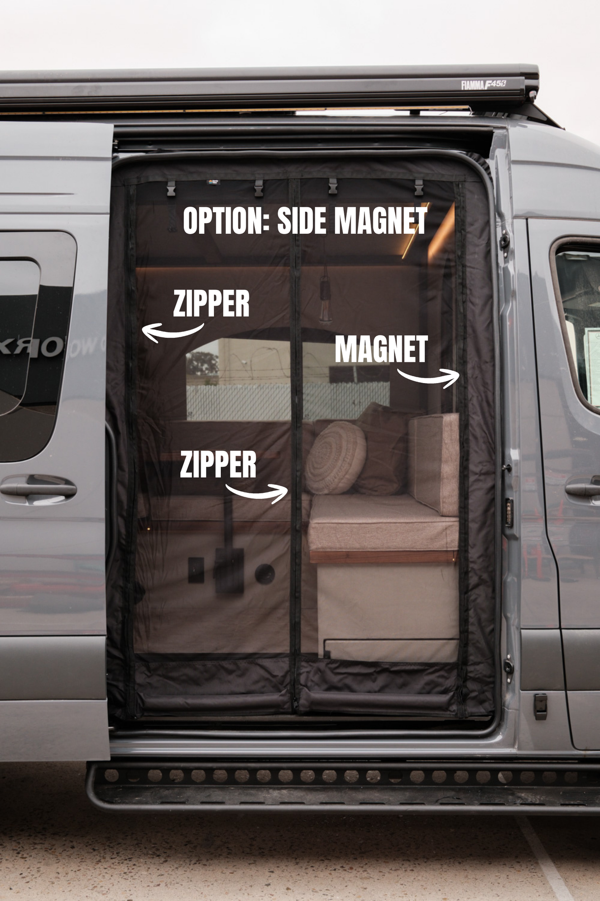 Diagram showing magnet and zipper placement on a Sandy Vans Sprinter slider door bug screen