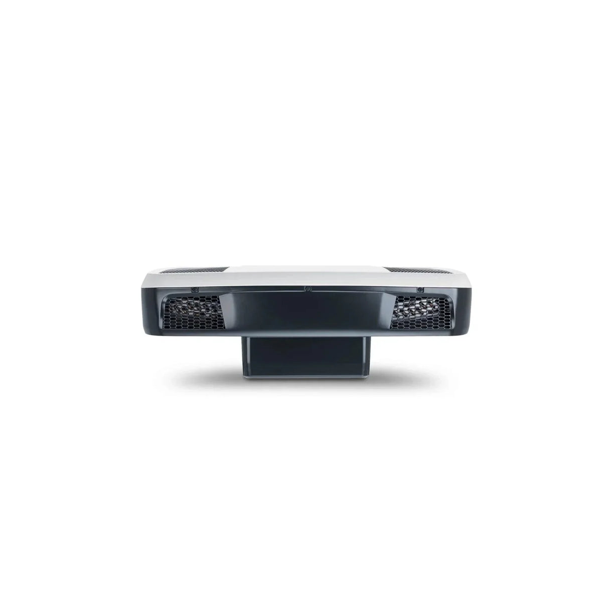 Side profile of a low-profile 12V rooftop air conditioner for a camper van, showing how much height it adds above the roof