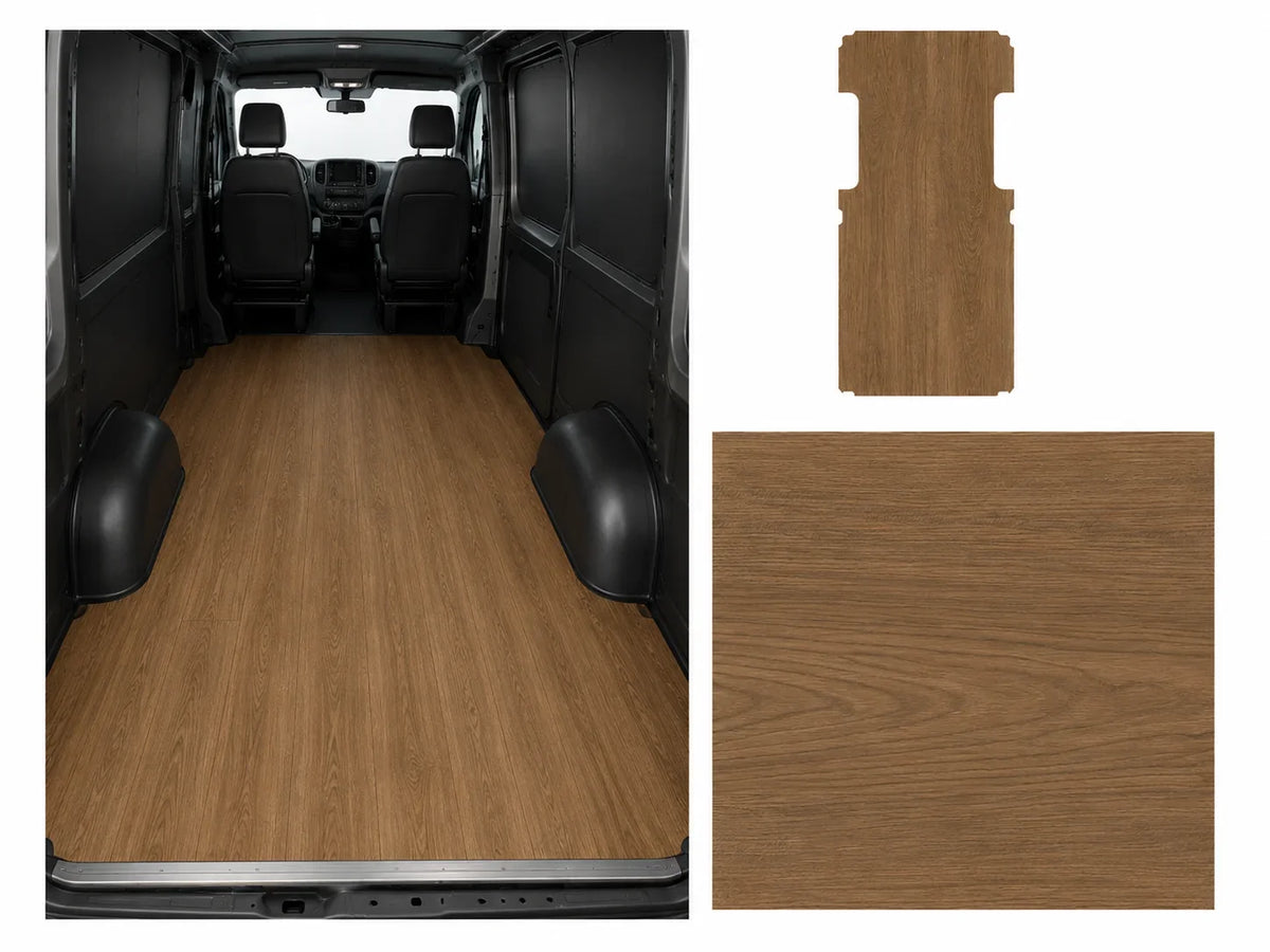 One-piece pre-cut wood-look vinyl floor for a Mercedes Sprinter 144 2500 cargo area, shown installed and as a cut profile