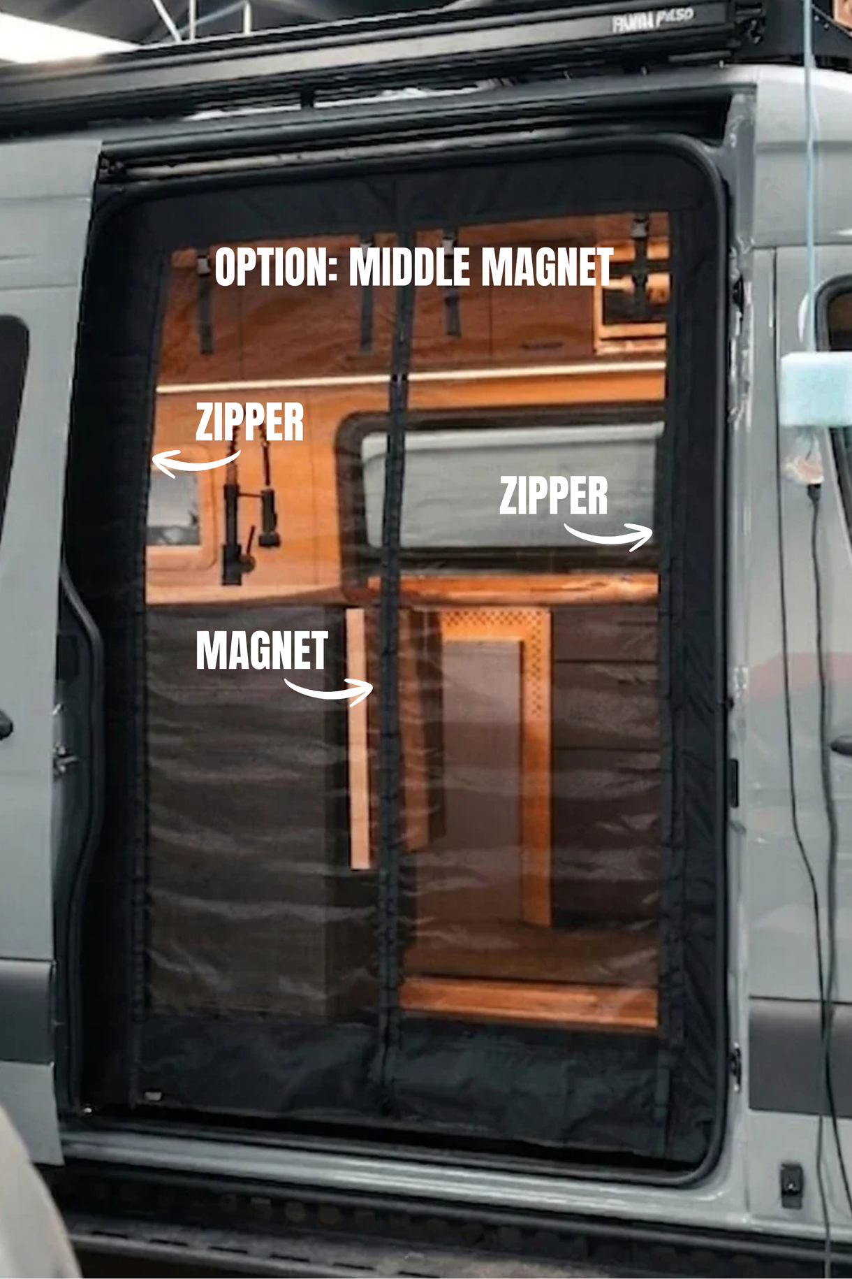 Middle magnet and zipper closure on a Sprinter van bug screen, viewed from inside