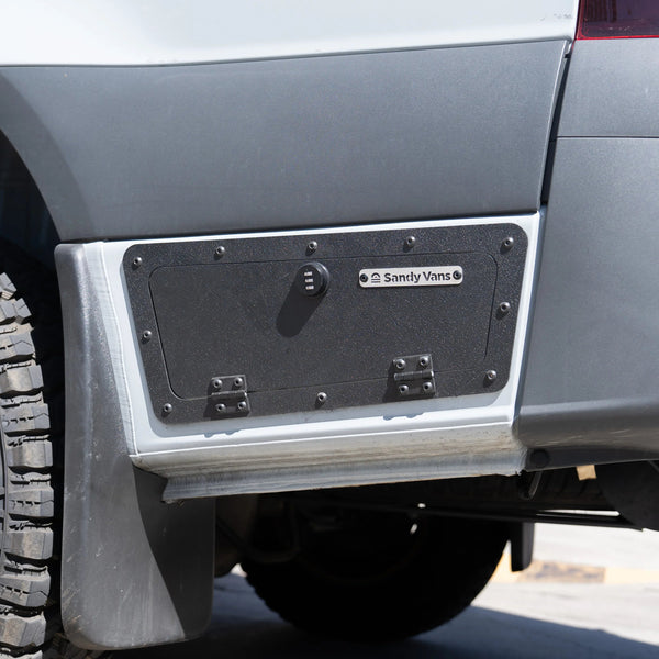 SV below deck locker installed behind the rear wheel of a Sprinter with bronze off-road wheels