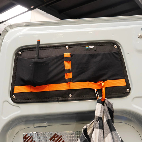 SV Rear Upper Door Storage bag installed on the upper rear door of a Mercedes Sprinter