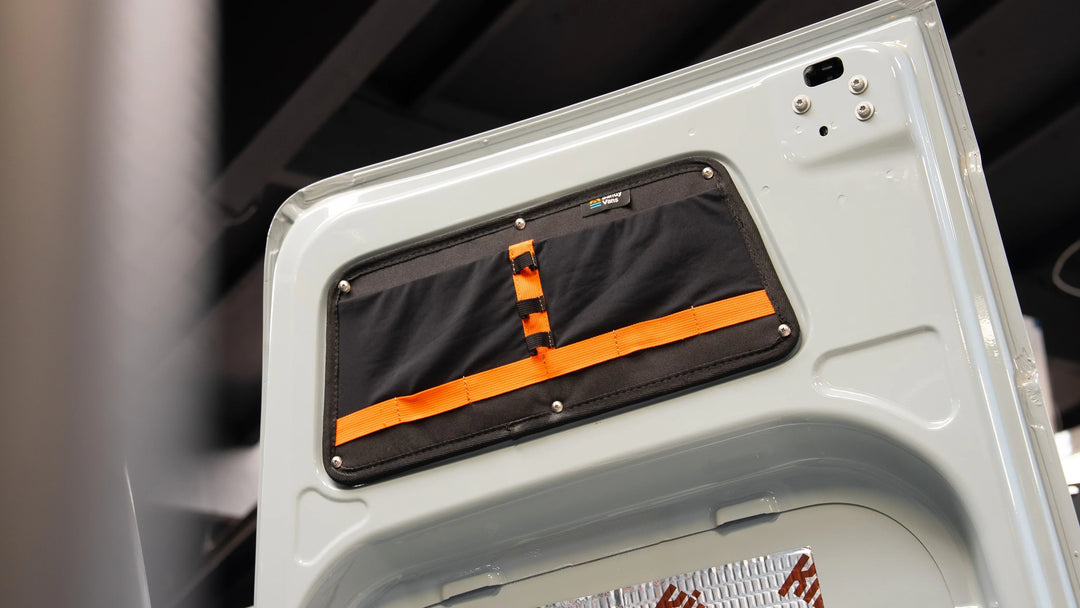 SV Rear Upper Door Storage bag installed on a Mercedes Sprinter rear door