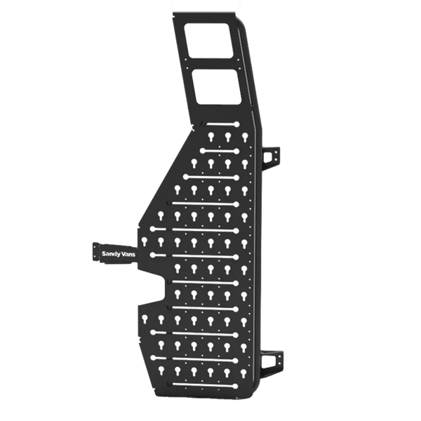 SV Starboard Rack mounted on passenger-side rear door of 2019+ Mercedes Sprinter VS30 — no-drill aluminum rear door rack