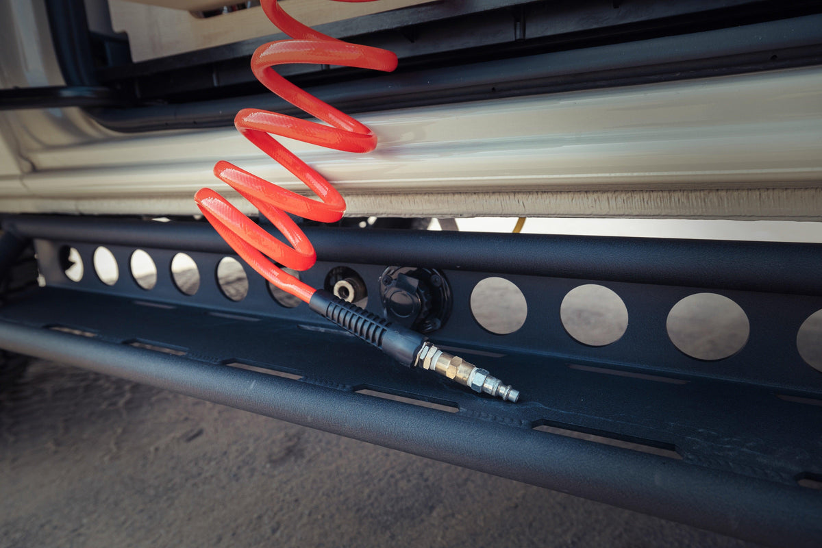 Close-up of the wide solid aluminum step pad on the SV Sprinter side steps