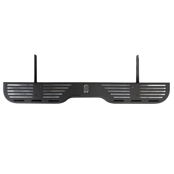 The Stern Sprinter rear step, black aluminum step plate with two mounting posts, on a black background