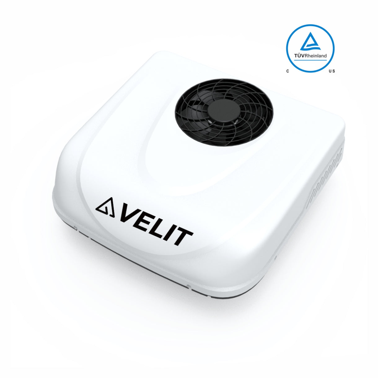 Velit 2000R 12V 24V 48V DC rooftop air conditioner in white for Sprinter camper van, 8000 BTU, fits standard 14x14 roof opening