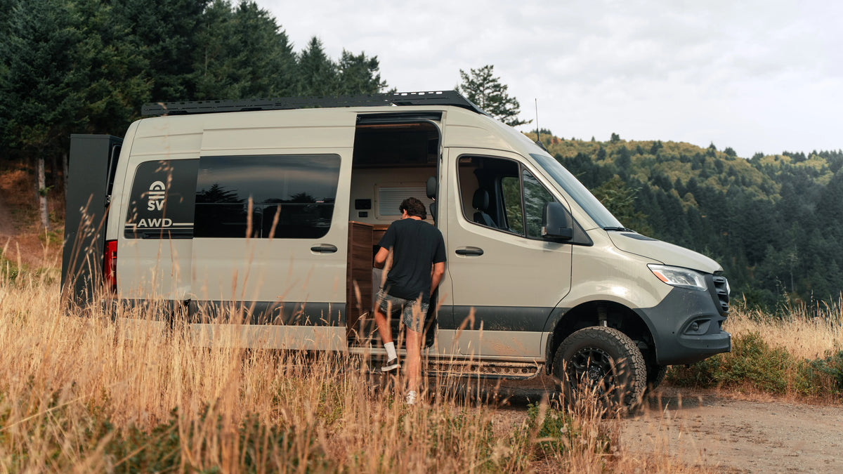 SV Sprinter Van Side Steps on a finished Sandy Vans build
